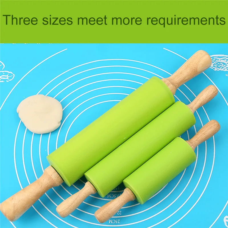 1PC Non-Stick Silicone Rolling Pin Wooden Handle Pastry Dough Flour Roller Kitchen Cooking Baking Tool For Pasta Cookie Dough