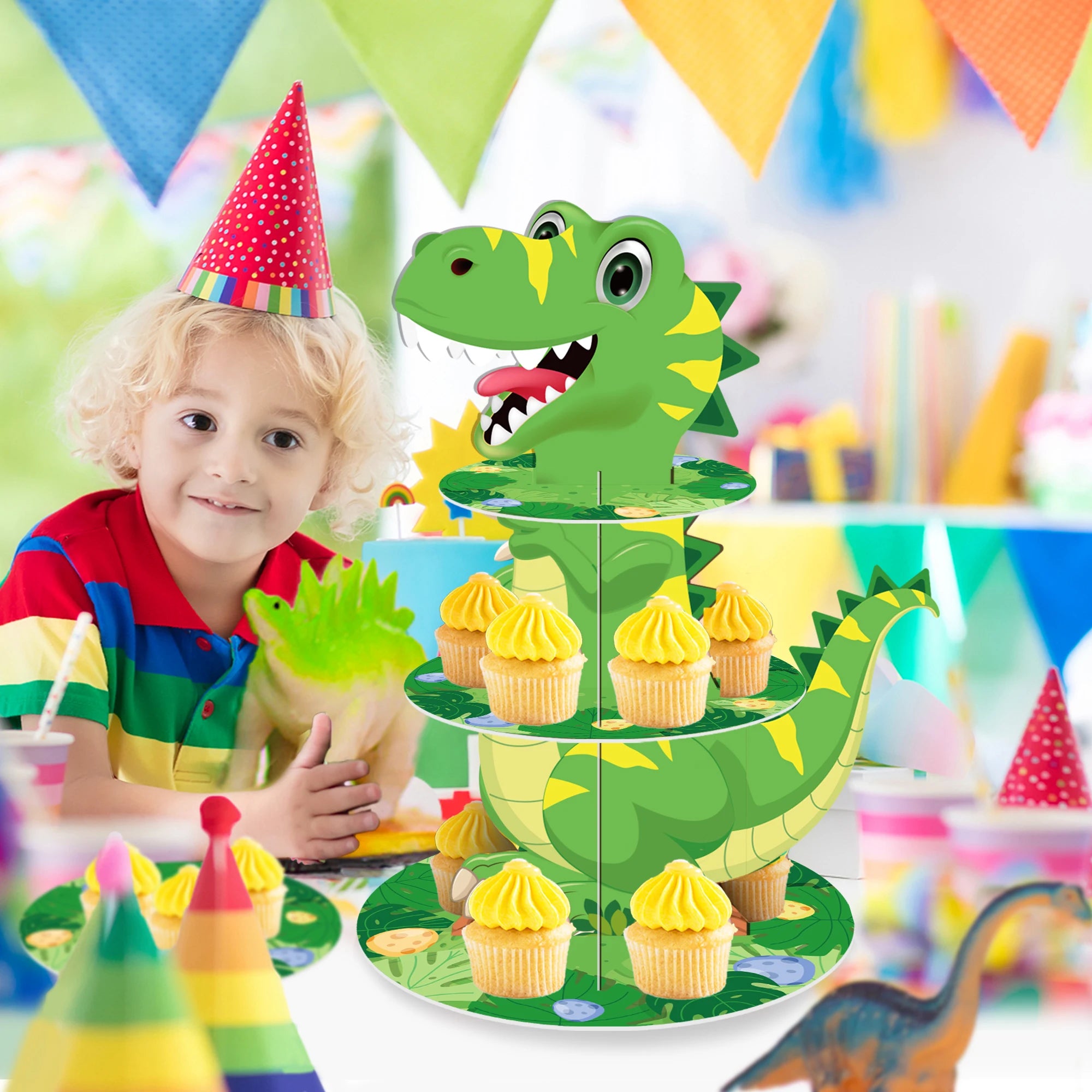 3 Tier Cartoon Dinosaur Party Cake Display Stand Jungle Animals Dessert Cupcake Rack Holder Kids Birthday Party Cake Tray Decor