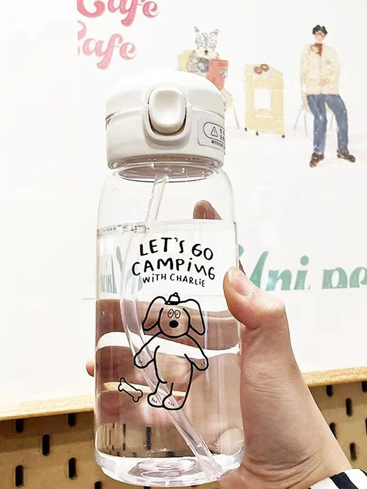 520-600ML Transparent Creative Printed Plastic Water Bottle Bouncing Straw Sports Cup Outdoor Travel Portable Water Bottle Regal