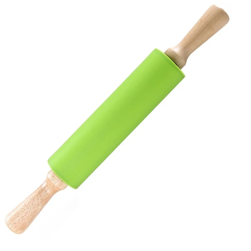1PC Non-Stick Silicone Rolling Pin Wooden Handle Pastry Dough Flour Roller Kitchen Cooking Baking Tool For Pasta Cookie Dough