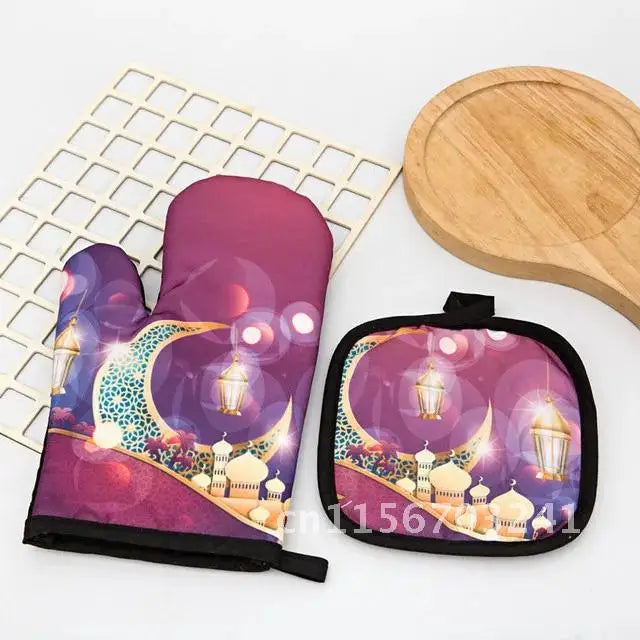 2pcs Apron Kitchen Ramadan Mubarak Pot Holder Mitt Happy Eid Al-Adha Iftar Muslim Islamic Kareem Friend Family Dinner Deco Gift