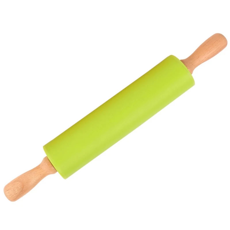 1PC Non-Stick Silicone Rolling Pin Wooden Handle Pastry Dough Flour Roller Kitchen Cooking Baking Tool For Pasta Cookie Dough