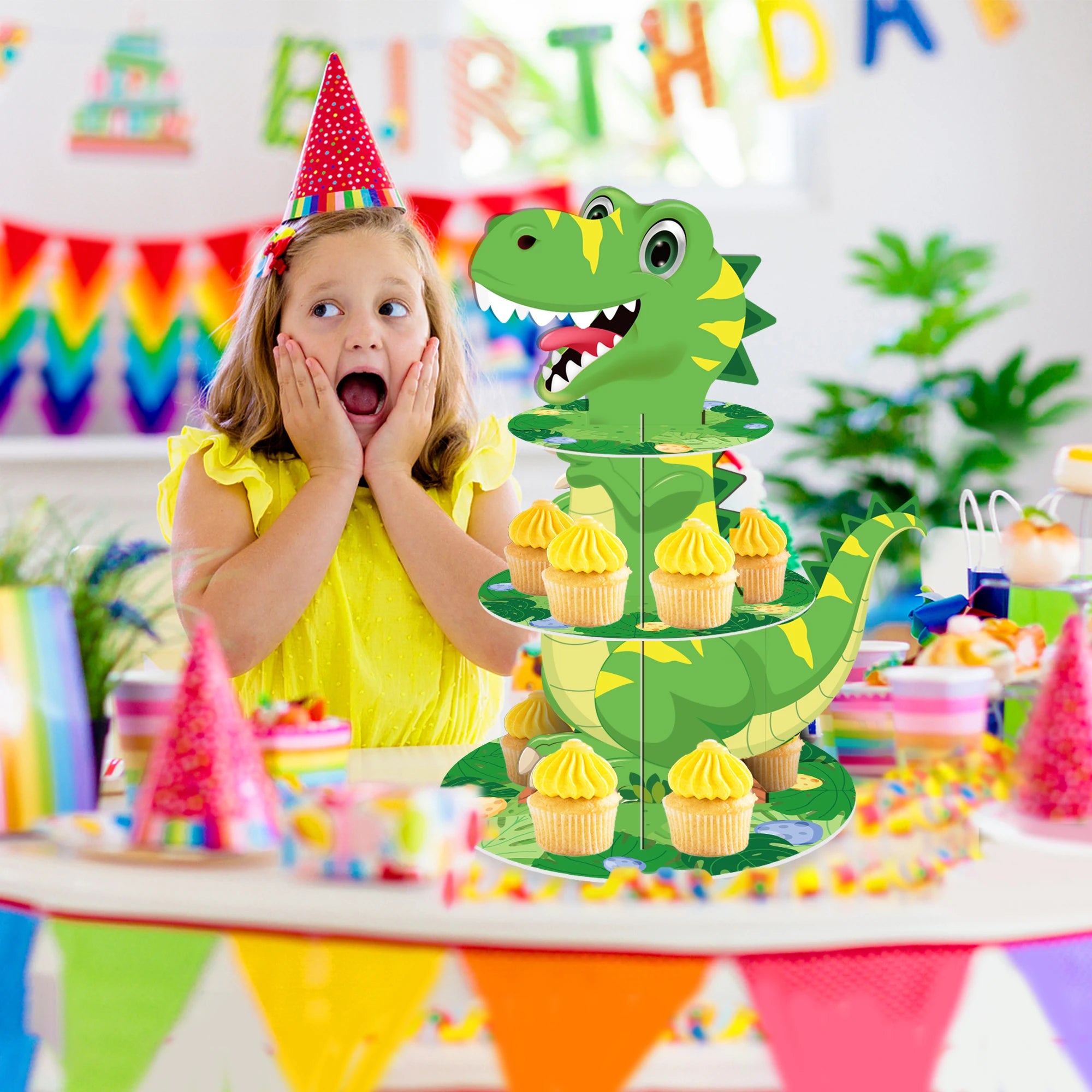 3 Tier Cartoon Dinosaur Party Cake Display Stand Jungle Animals Dessert Cupcake Rack Holder Kids Birthday Party Cake Tray Decor
