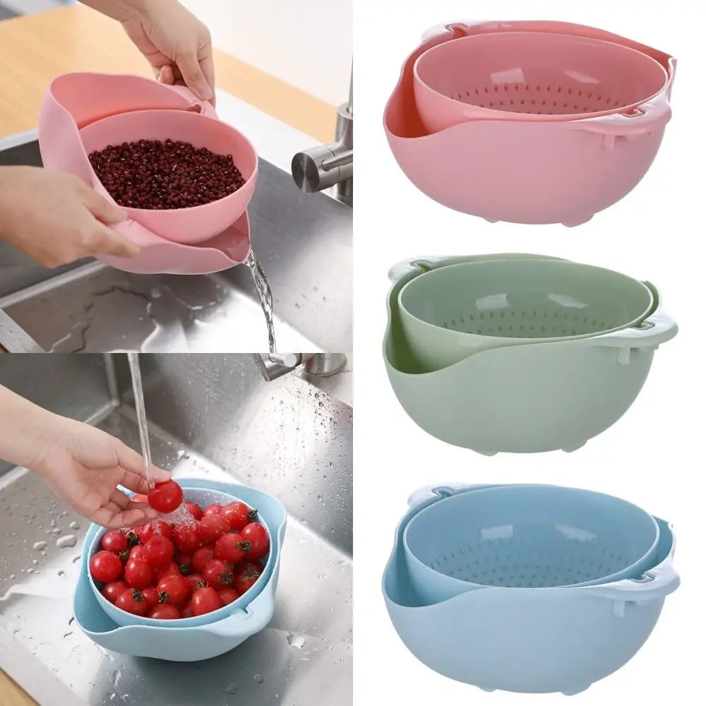 Double Layer Vegetable Drain Basket Kitchen Gadgets Green Blue Pink Sink Rotatable Drainer with Handle Rice Washing Bowl