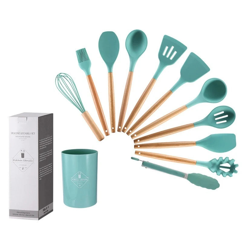 12PCS Silicone Kitchenware Non-Stick Cookware Kitchen Utensils Set Spatula Shovel Egg Beaters Wooden Handle Cooking Tool Set