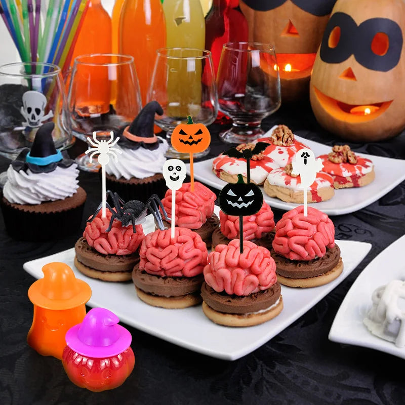 Halloween Mini Fruit Forks Plastic Squeeze Sauce Bottles Dessert Cocktail Cake Decor Halloween Party Supplies Baking Accessories