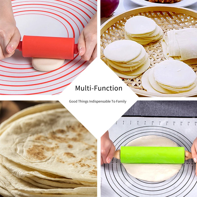 1PC Non-Stick Silicone Rolling Pin Wooden Handle Pastry Dough Flour Roller Kitchen Cooking Baking Tool For Pasta Cookie Dough