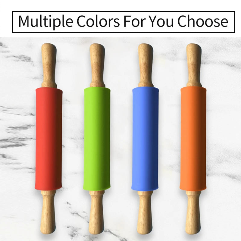 1PC Non-Stick Silicone Rolling Pin Wooden Handle Pastry Dough Flour Roller Kitchen Cooking Baking Tool For Pasta Cookie Dough