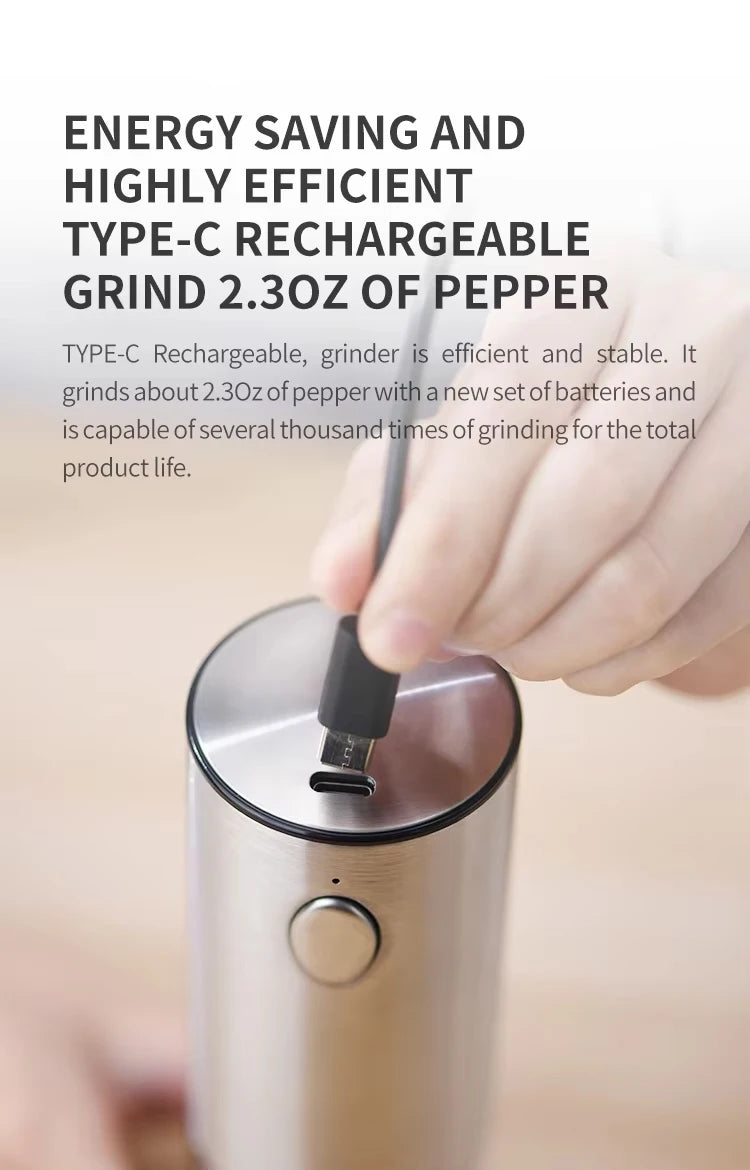 Automatic Pepper Grinder Salt And Pepper Grinder USB Rechargeable Adjustable Coarseness Spice Mill With LED Light Kitchen Tool
