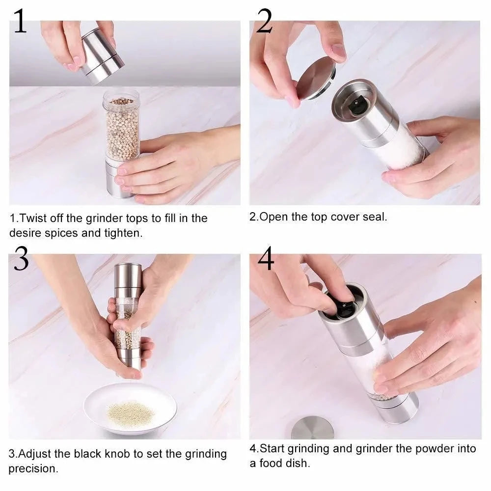 Salt and Pepper Grinder 2 in 1 Manual Stainless Steel Salt Pepper Mills with Adjustable Ceramic Grinding Spice Mill Kitchen Tool