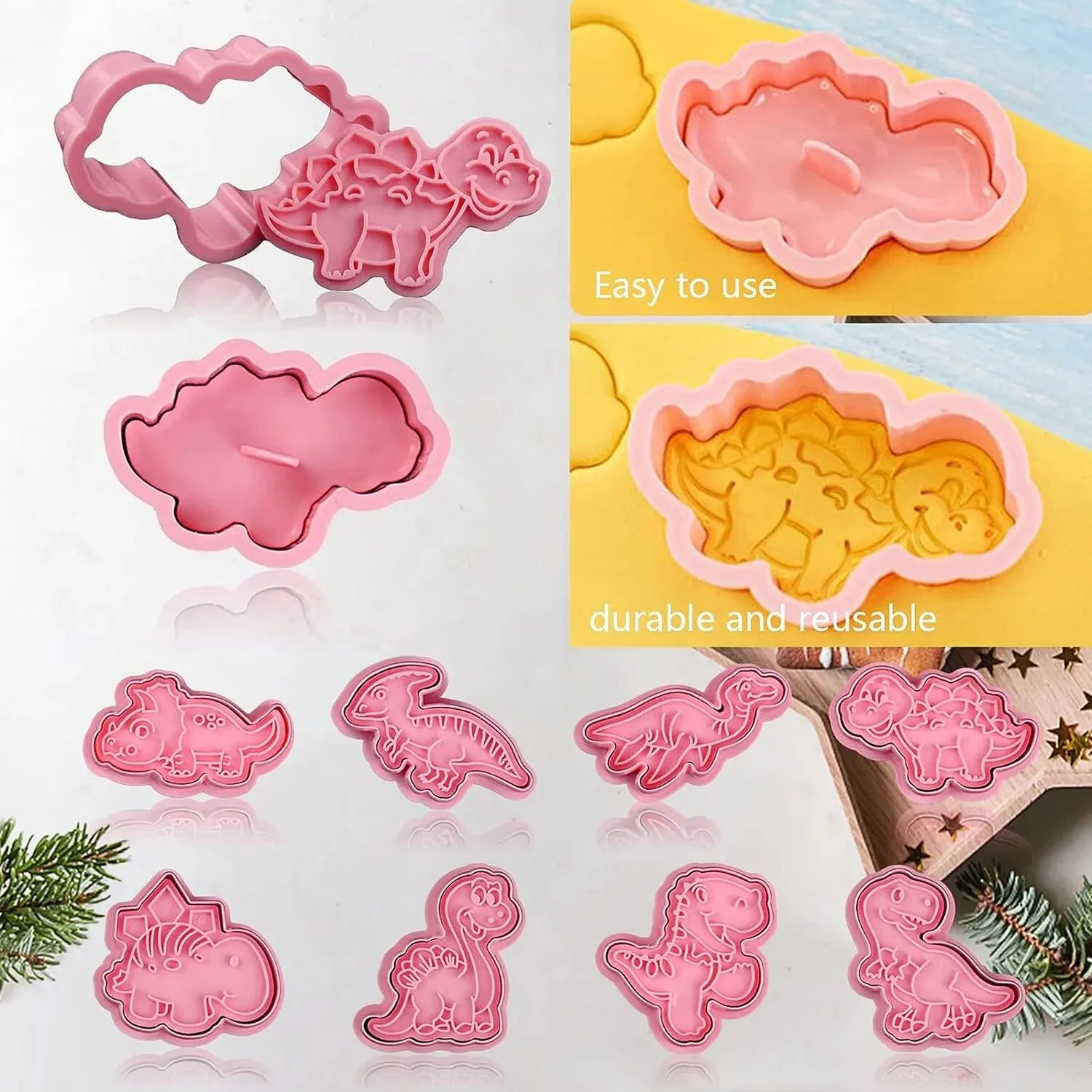 8Pcs Dinosaur Cookies Cutters Plastic Cartoon Pressable Biscuit Mold Confectionery Cookie Stamp Kitchen Baking Pastry Tools