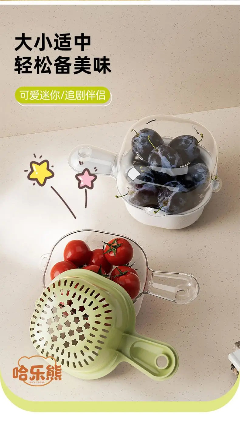 Cute Handle Drain Basket Modern Simplicity Double-deck Kitchen Household Wash Fruit and Vegetable Tray Cartoon Wash Fruit Basket