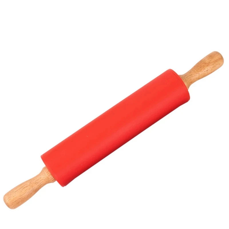 1PC Non-Stick Silicone Rolling Pin Wooden Handle Pastry Dough Flour Roller Kitchen Cooking Baking Tool For Pasta Cookie Dough