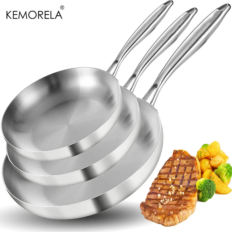 3PCS Frying Pan 22/24/26/28CM 304 Stainless Steel 2MM Thick Wok Pan 5 Ply Steel Food Grade Non-Stick Pans for Cooking Pot