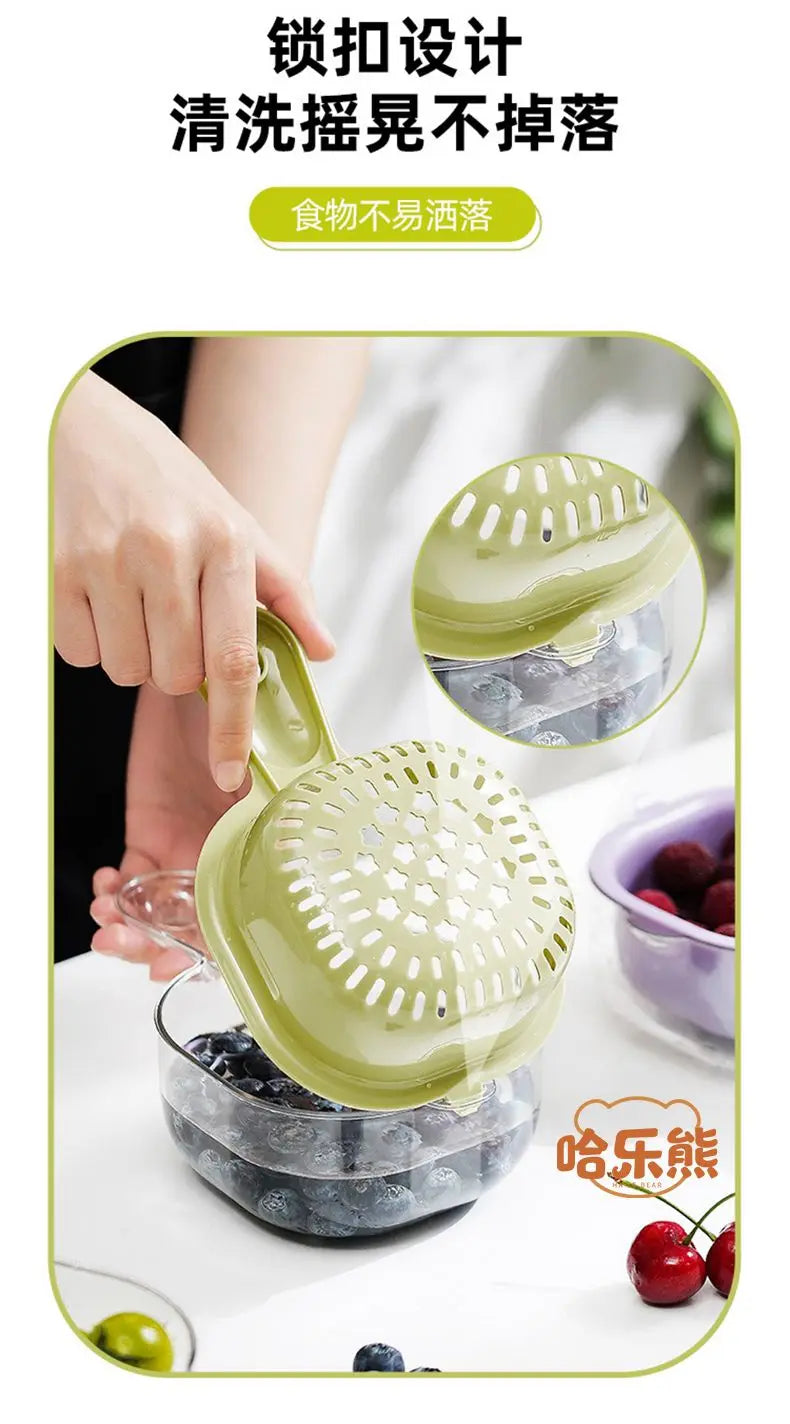 Cute Handle Drain Basket Modern Simplicity Double-deck Kitchen Household Wash Fruit and Vegetable Tray Cartoon Wash Fruit Basket