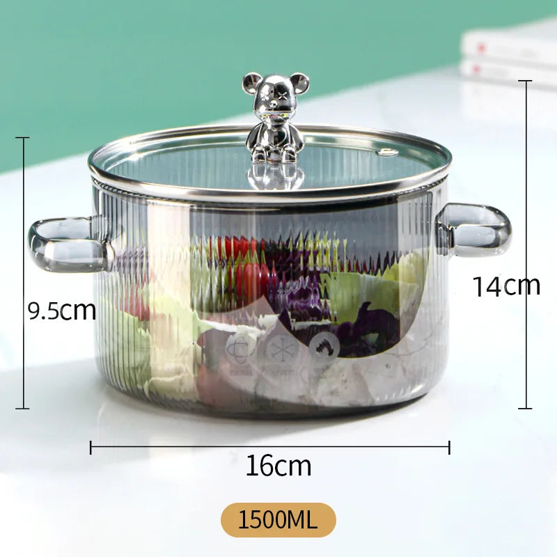 1Pcs Household Glass Saucepan for Cooking Double Ear Glass Soup Pot Noodle Bowl Cookwares with Tops Small Bear Cooking Pots Set