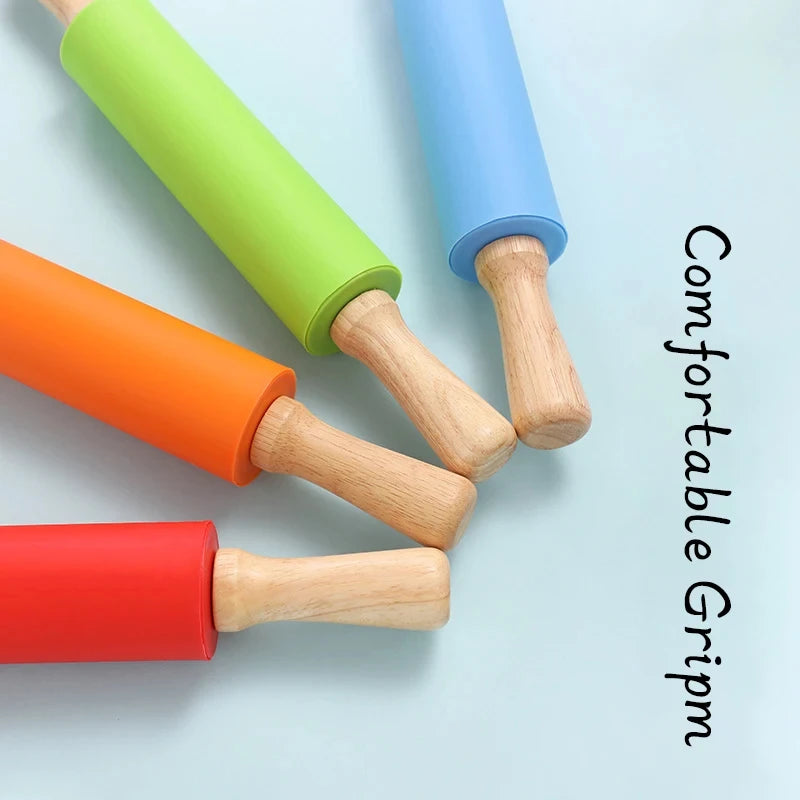 1PC Non-Stick Silicone Rolling Pin Wooden Handle Pastry Dough Flour Roller Kitchen Cooking Baking Tool For Pasta Cookie Dough