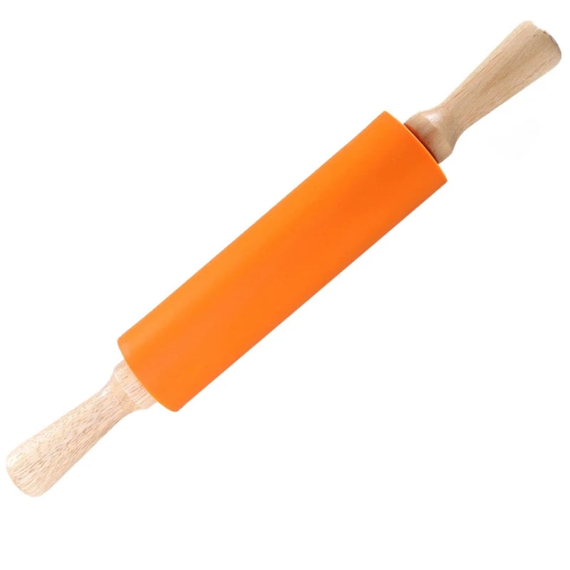 1PC Non-Stick Silicone Rolling Pin Wooden Handle Pastry Dough Flour Roller Kitchen Cooking Baking Tool For Pasta Cookie Dough