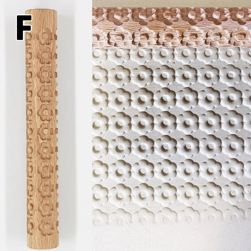 3D Embossed Pottery Styling Tools Wooden Hand Pressure Roller Home Kitchen Baking Pie Cookie Rolling Pin Handmade Tools Supplies