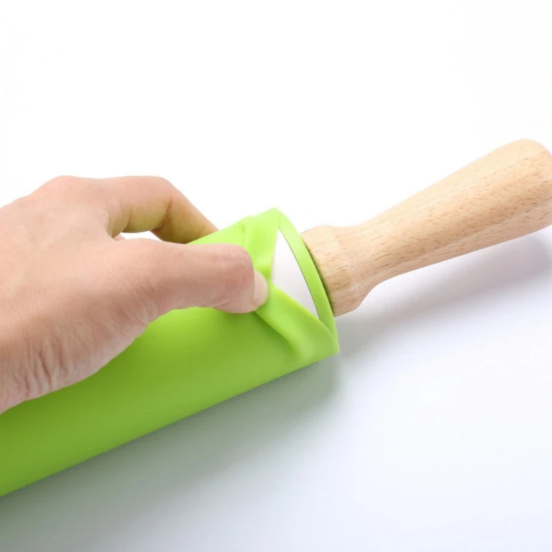 1PC Non-Stick Silicone Rolling Pin Wooden Handle Pastry Dough Flour Roller Kitchen Cooking Baking Tool For Pasta Cookie Dough