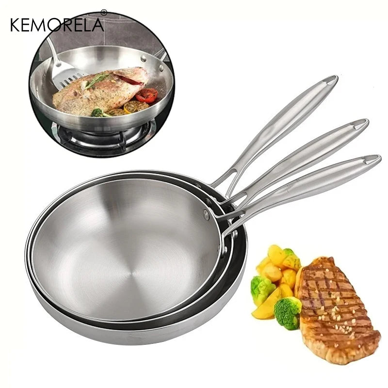 3PCS Frying Pan 22/24/26/28CM 304 Stainless Steel 2MM Thick Wok Pan 5 Ply Steel Food Grade Non-Stick Pans for Cooking Pot