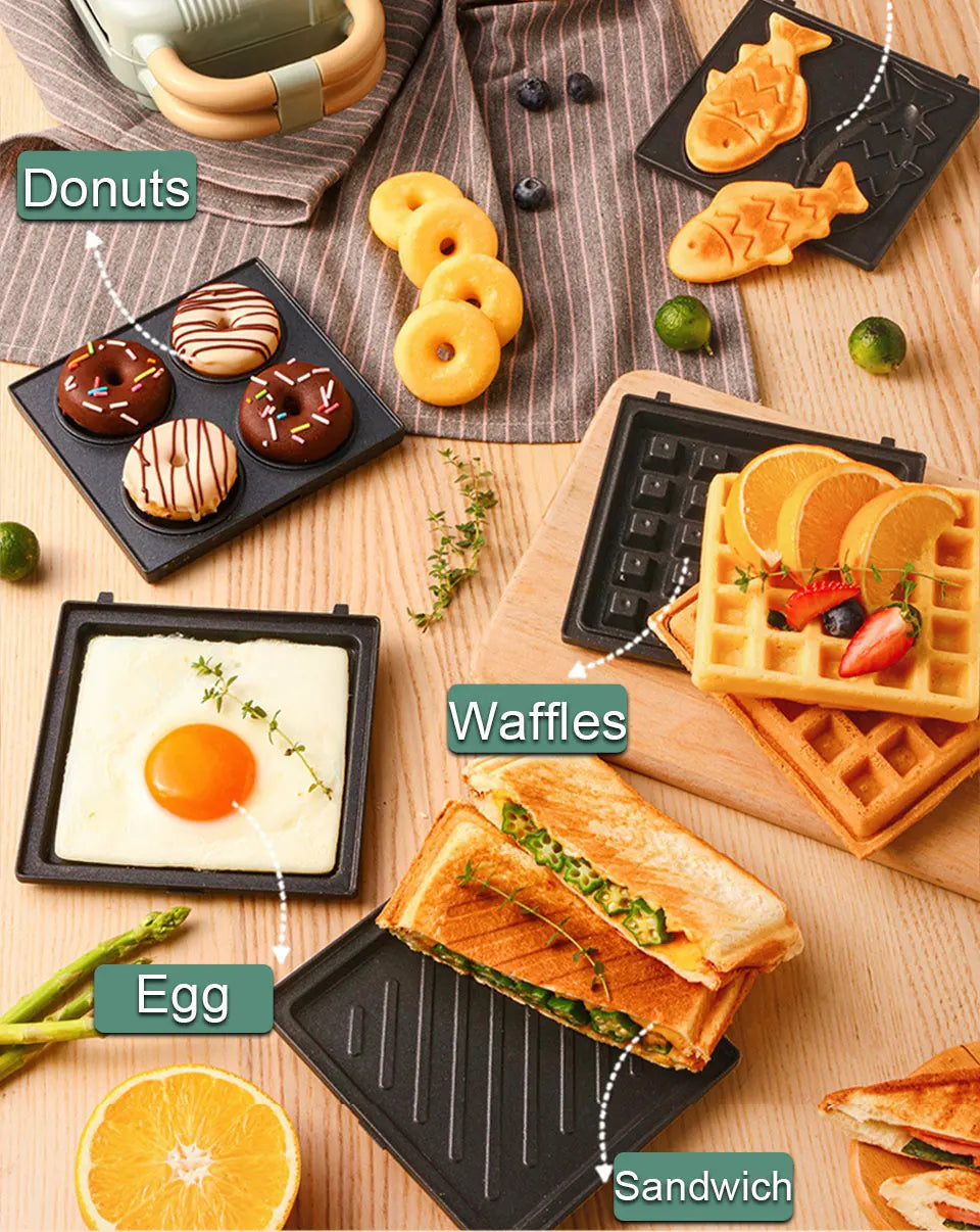 Mini Sandwich Machine Breakfast Maker Multi Cookers Toasters Electric Ovens Hot Plates Bread Pancake Waffle Donuts