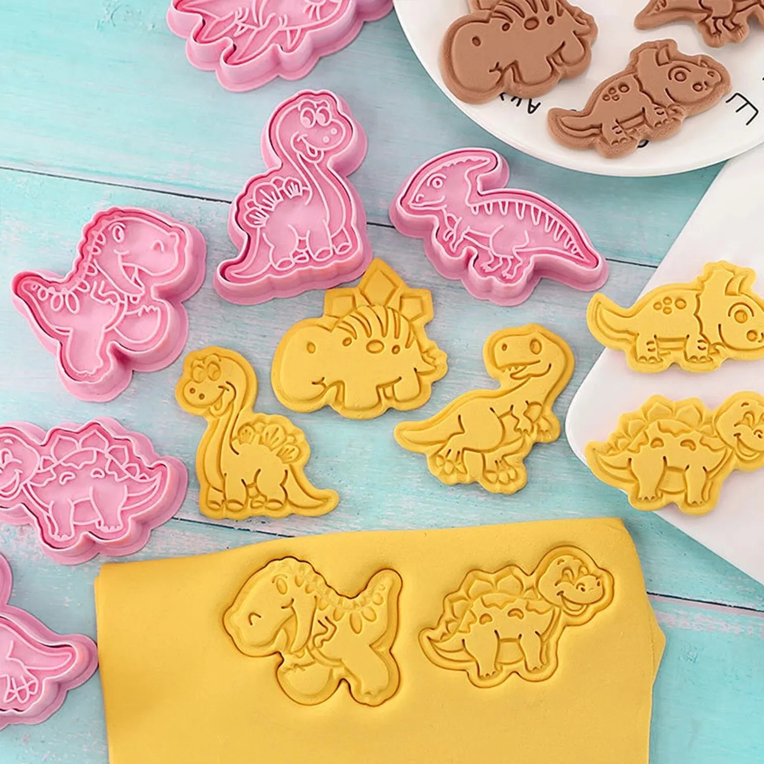 8Pcs Dinosaur Cookies Cutters Plastic Cartoon Pressable Biscuit Mold Confectionery Cookie Stamp Kitchen Baking Pastry Tools