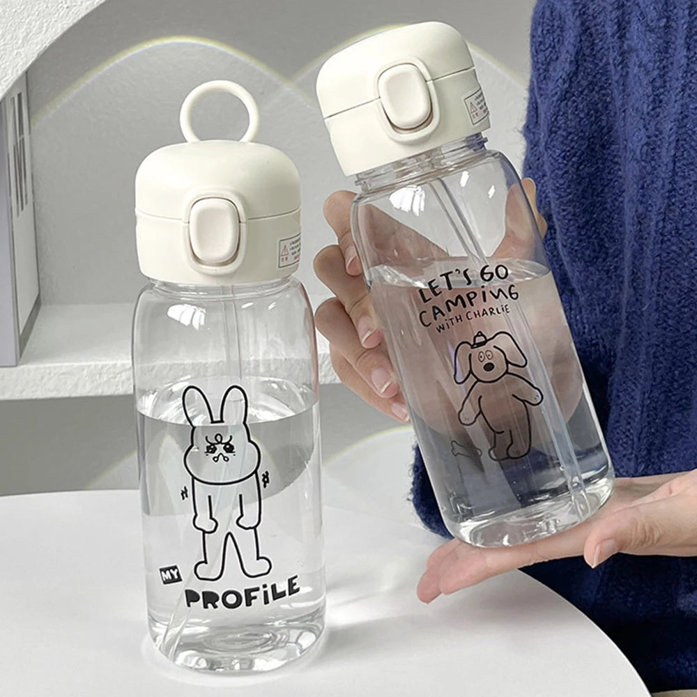 520-600ML Transparent Creative Printed Plastic Water Bottle Bouncing Straw Sports Cup Outdoor Travel Portable Water Bottle Regal