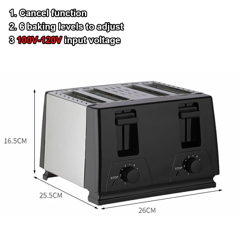 Household Electric Toaster Baking Bread Sandwich Maker Grill Stainless Steel Toast Oven Heater 4 Slices Slot Breakfast Machine