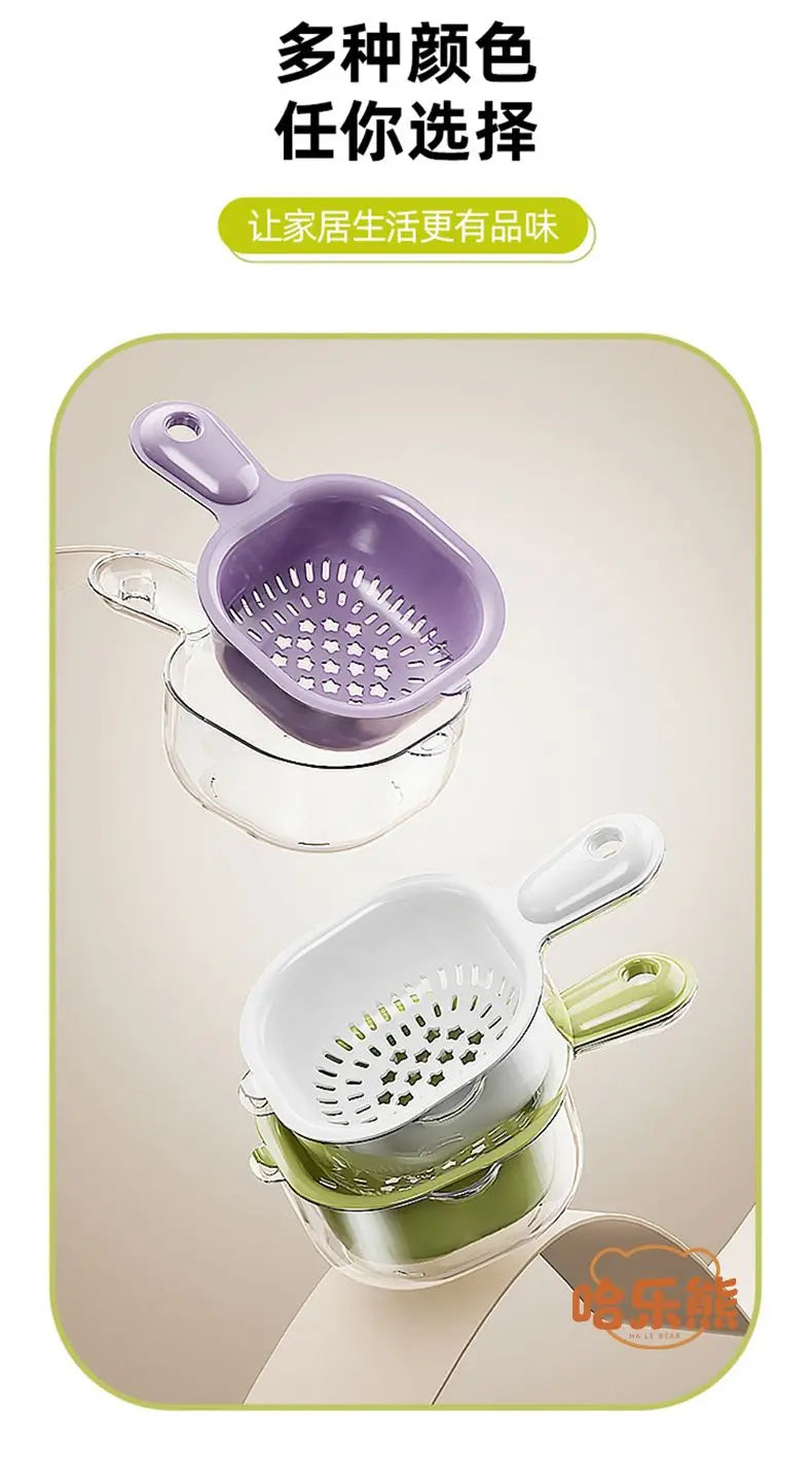 Cute Handle Drain Basket Modern Simplicity Double-deck Kitchen Household Wash Fruit and Vegetable Tray Cartoon Wash Fruit Basket
