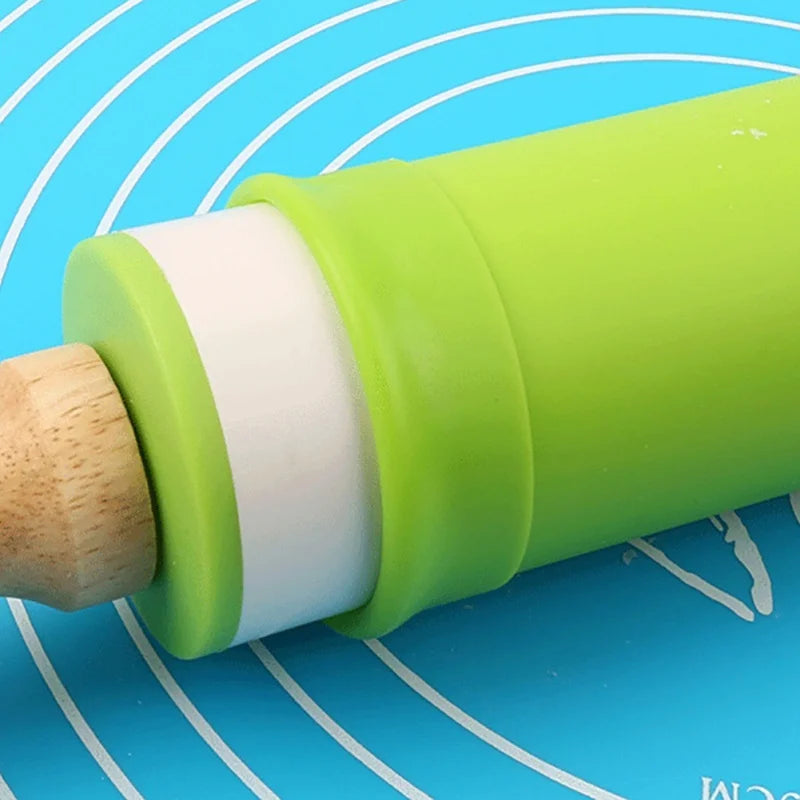 1PC Non-Stick Silicone Rolling Pin Wooden Handle Pastry Dough Flour Roller Kitchen Cooking Baking Tool For Pasta Cookie Dough