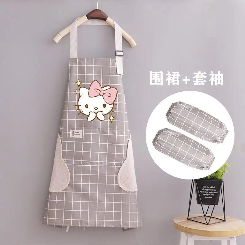 Kawaii Hello Kitty Apron Sleeve Set Waterproof Oilproof Clothes Anime Cartoon Print Fashion Kitchen Household Item Tool Mom Gift