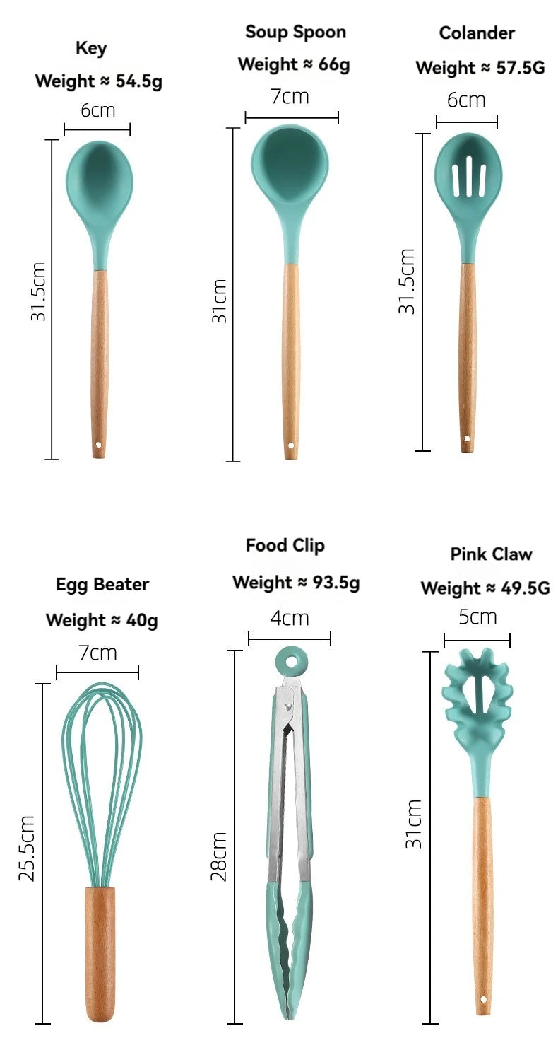 12PCS Silicone Kitchenware Non-Stick Cookware Kitchen Utensils Set Spatula Shovel Egg Beaters Wooden Handle Cooking Tool Set