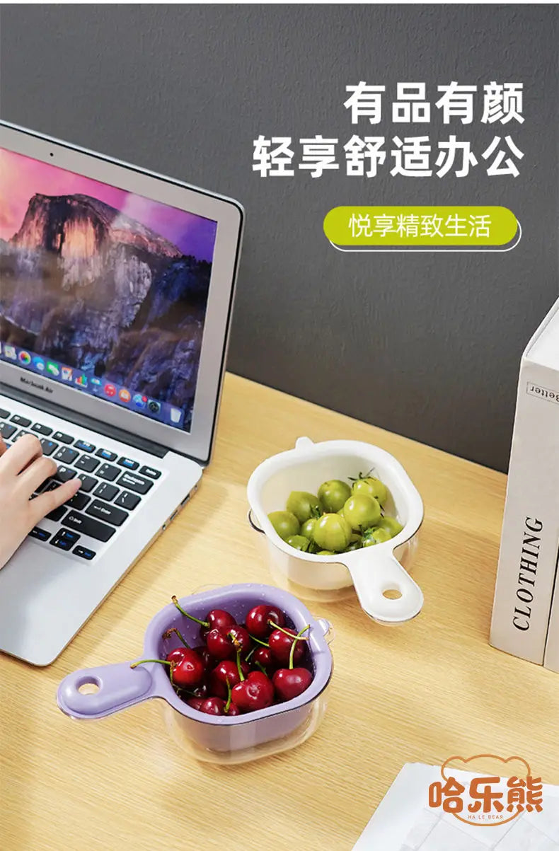 Cute Handle Drain Basket Modern Simplicity Double-deck Kitchen Household Wash Fruit and Vegetable Tray Cartoon Wash Fruit Basket