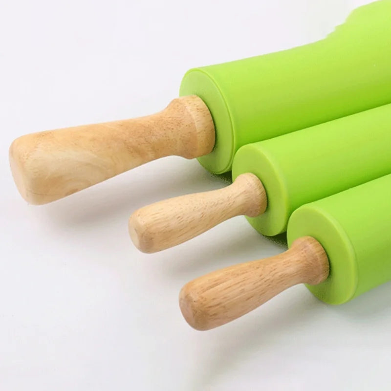 1PC Non-Stick Silicone Rolling Pin Wooden Handle Pastry Dough Flour Roller Kitchen Cooking Baking Tool For Pasta Cookie Dough