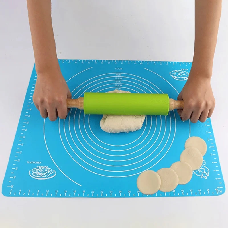 1PC Non-Stick Silicone Rolling Pin Wooden Handle Pastry Dough Flour Roller Kitchen Cooking Baking Tool For Pasta Cookie Dough