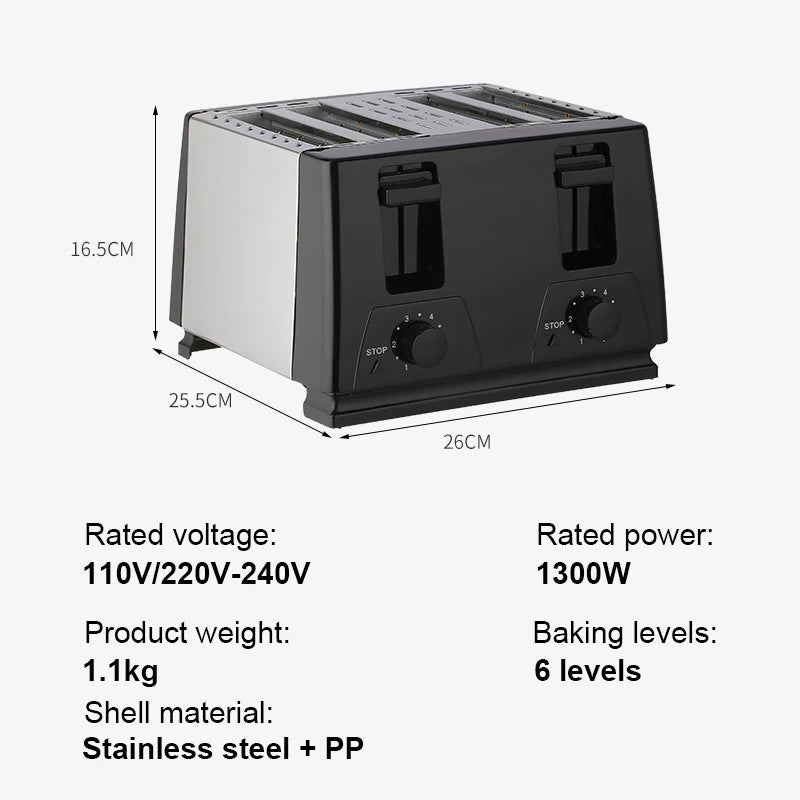 Household Electric Toaster Baking Bread Sandwich Maker Grill Stainless Steel Toast Oven Heater 4 Slices Slot Breakfast Machine