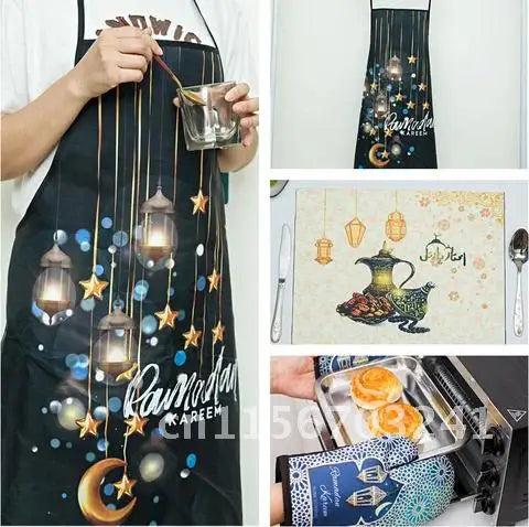 2pcs Apron Kitchen Ramadan Mubarak Pot Holder Mitt Happy Eid Al-Adha Iftar Muslim Islamic Kareem Friend Family Dinner Deco Gift