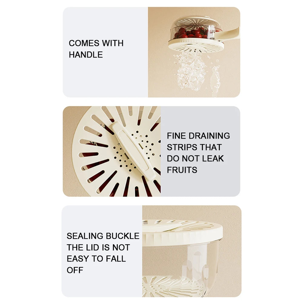 New Kitchen Household Fruit Washing Refrigerator Storage Box With Lid Drain Basket Thick Double Layer Drain Washing Basin