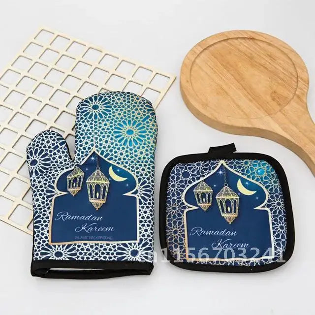 2pcs Apron Kitchen Ramadan Mubarak Pot Holder Mitt Happy Eid Al-Adha Iftar Muslim Islamic Kareem Friend Family Dinner Deco Gift