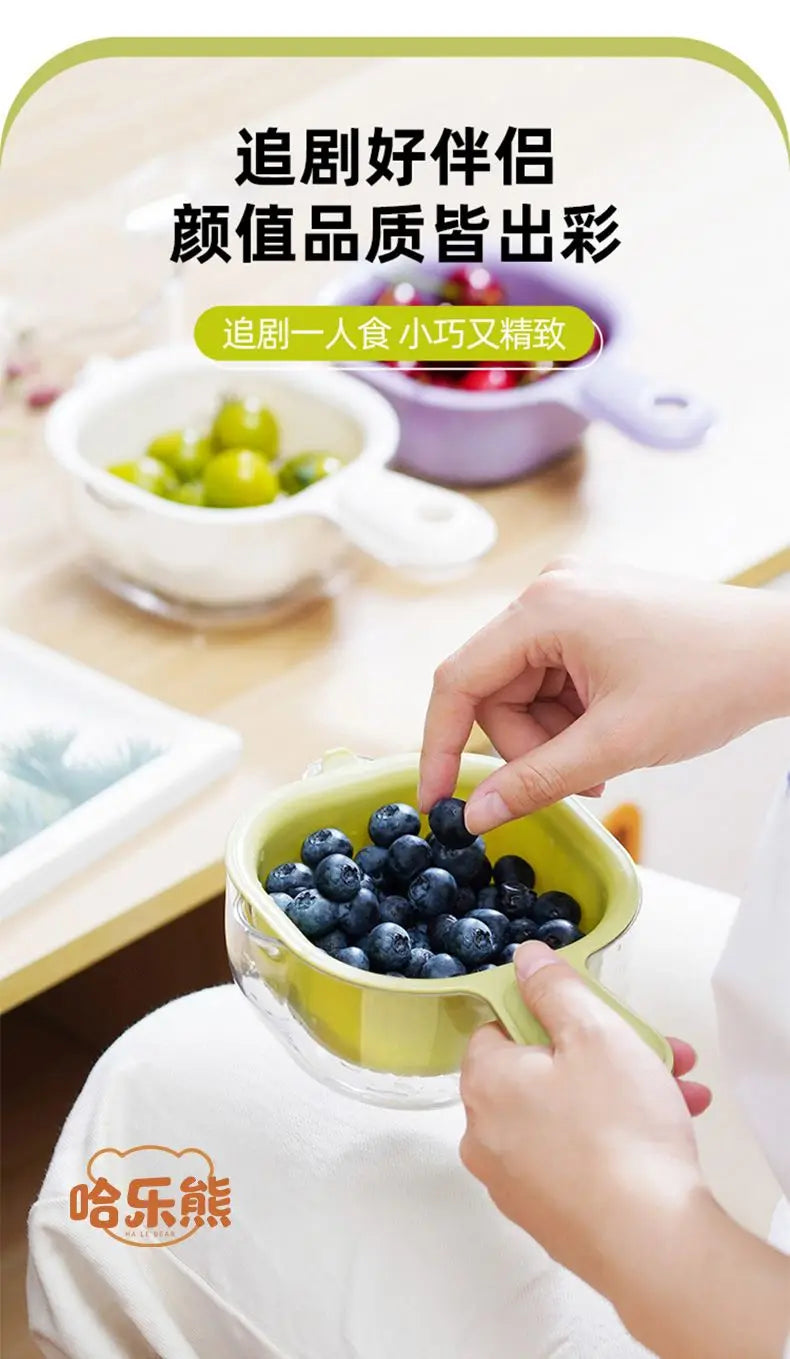 Cute Handle Drain Basket Modern Simplicity Double-deck Kitchen Household Wash Fruit and Vegetable Tray Cartoon Wash Fruit Basket