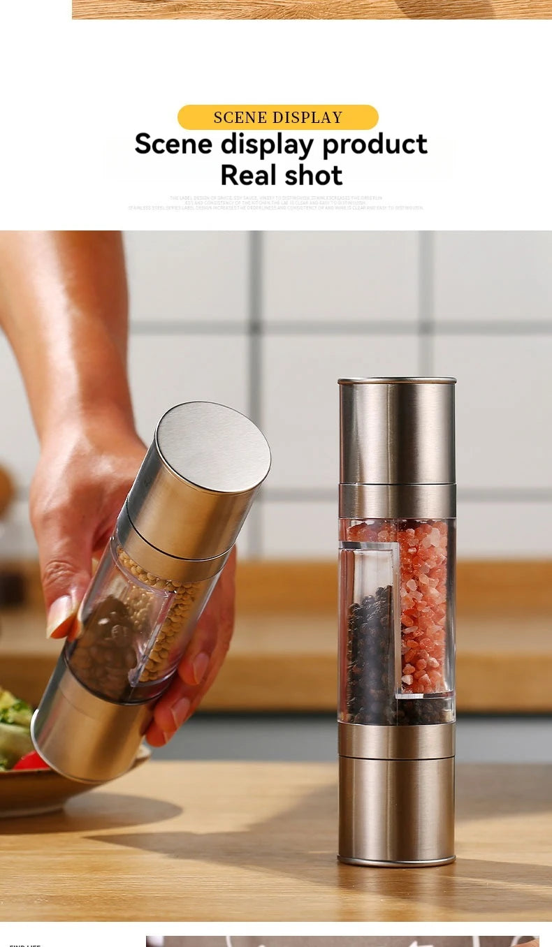 Salt and Pepper Grinder 2 in 1 Manual Stainless Steel Salt Pepper Mills with Adjustable Ceramic Grinding Spice Mill Kitchen Tool