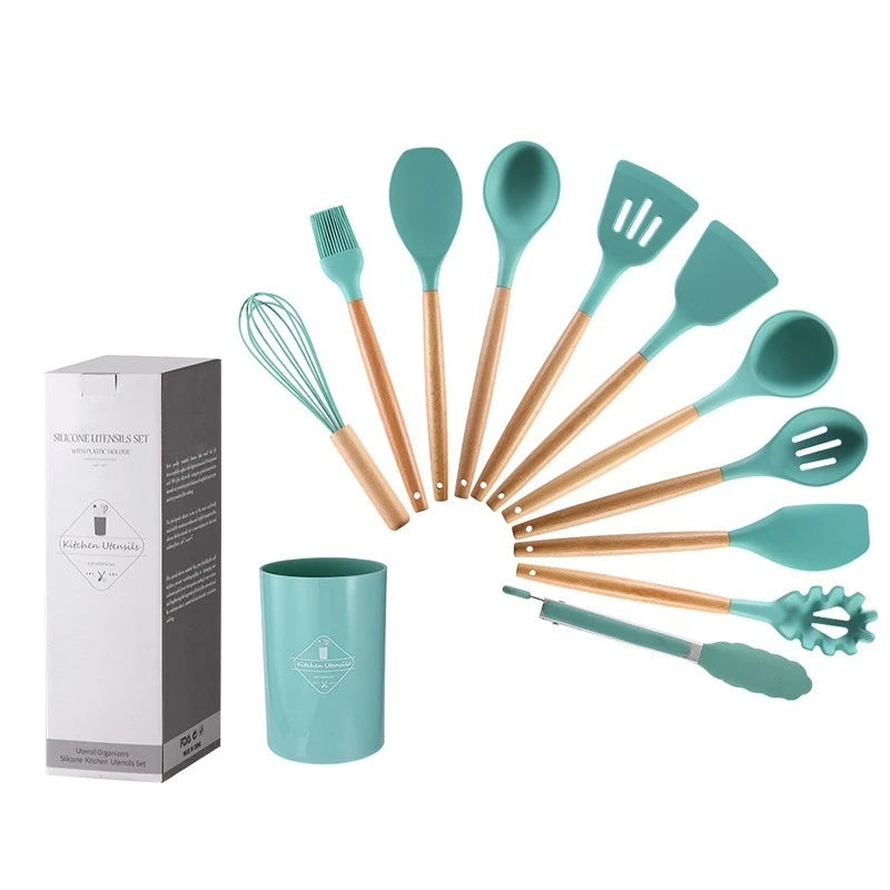 12PCS Silicone Kitchenware Non-Stick Cookware Kitchen Utensils Set Spatula Shovel Egg Beaters Wooden Handle Cooking Tool Set