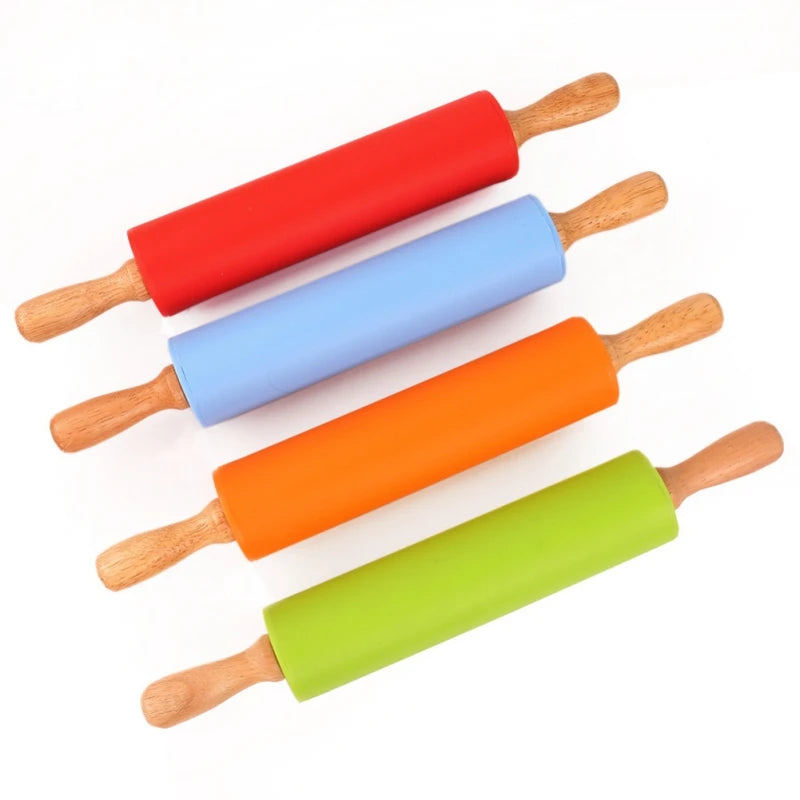 1PC Non-Stick Silicone Rolling Pin Wooden Handle Pastry Dough Flour Roller Kitchen Cooking Baking Tool For Pasta Cookie Dough