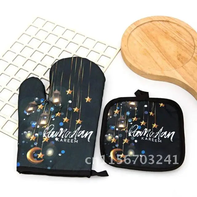 2pcs Apron Kitchen Ramadan Mubarak Pot Holder Mitt Happy Eid Al-Adha Iftar Muslim Islamic Kareem Friend Family Dinner Deco Gift
