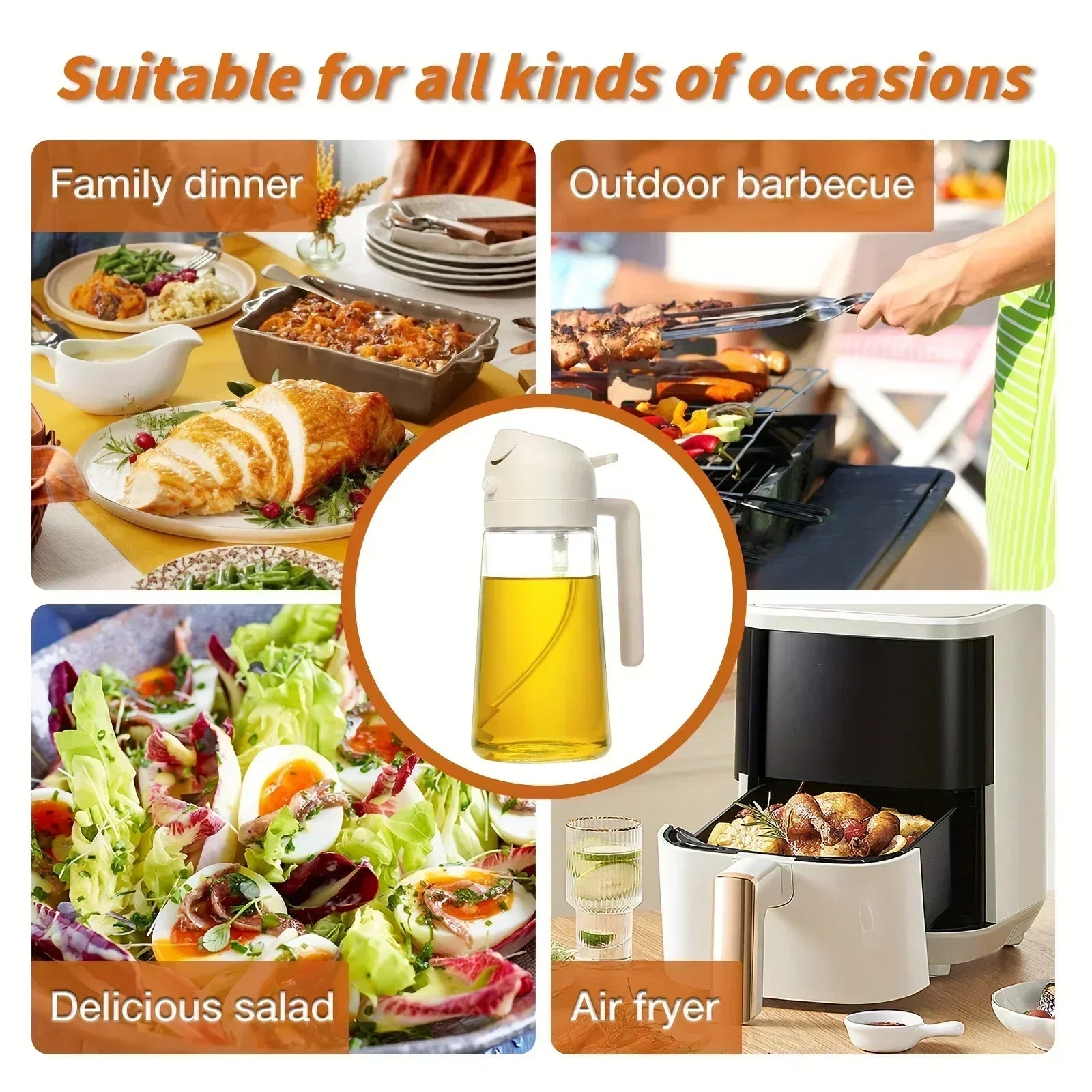 2in1 470ml Glass Spray Oil Sprayer Bottle Spray Oil Dispenser Oil Jar Cruet BBQ Kitchen Baking Roasting Picnic Kitchen Tool