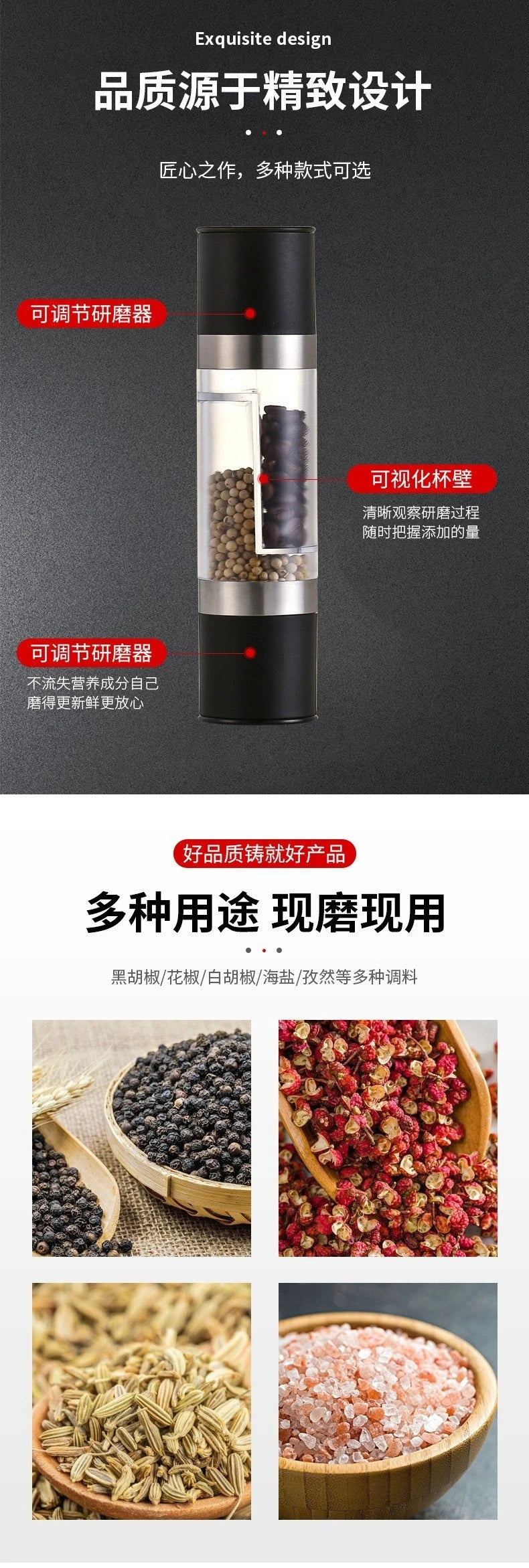 Salt and Pepper Grinder 2 in 1 Manual Stainless Steel Salt Pepper Mills with Adjustable Ceramic Grinding Spice Mill Kitchen Tool