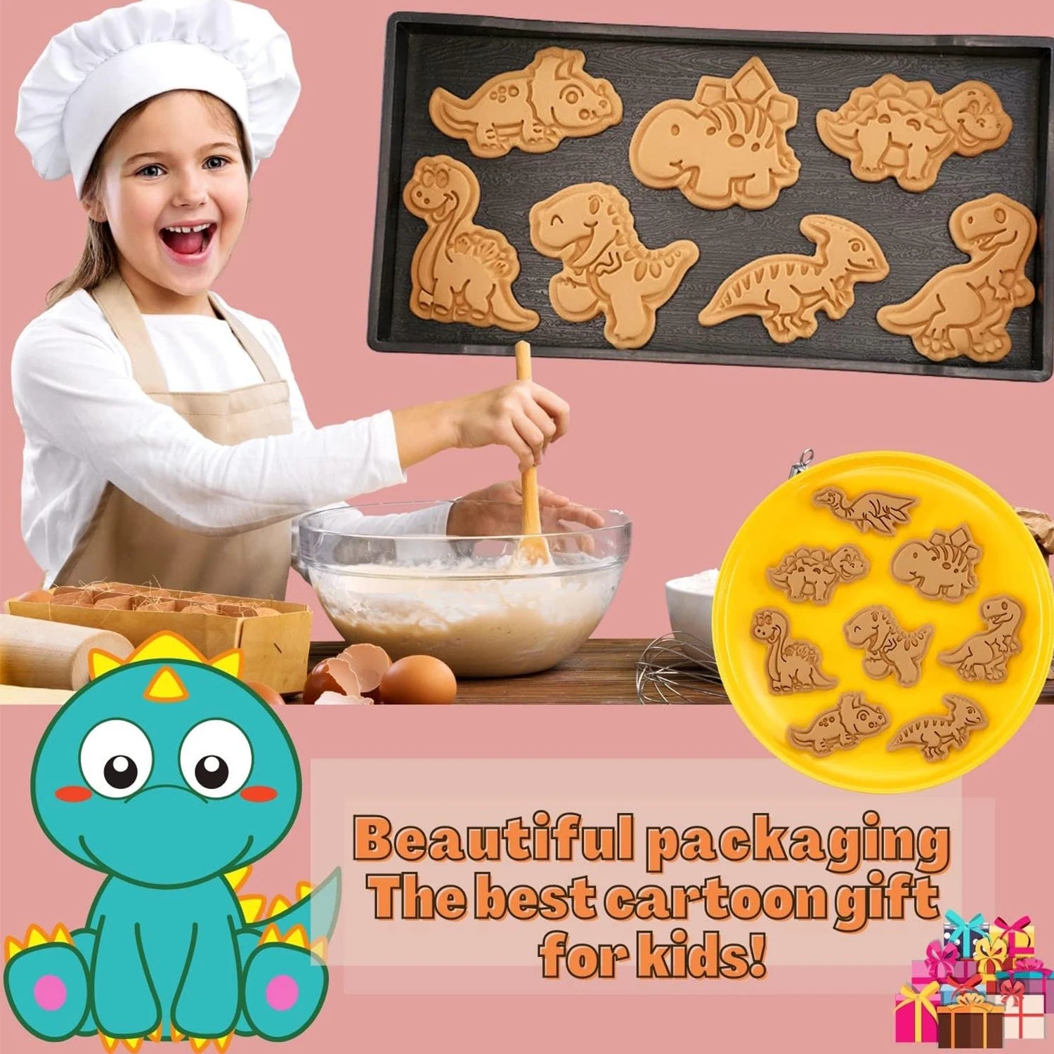 8Pcs Dinosaur Cookies Cutters Plastic Cartoon Pressable Biscuit Mold Confectionery Cookie Stamp Kitchen Baking Pastry Tools