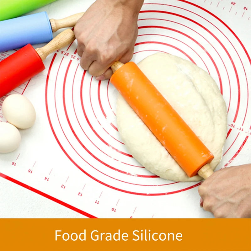 1PC Non-Stick Silicone Rolling Pin Wooden Handle Pastry Dough Flour Roller Kitchen Cooking Baking Tool For Pasta Cookie Dough