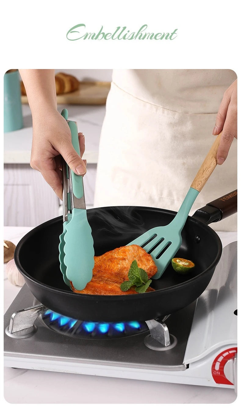 12PCS Silicone Kitchenware Non-Stick Cookware Kitchen Utensils Set Spatula Shovel Egg Beaters Wooden Handle Cooking Tool Set